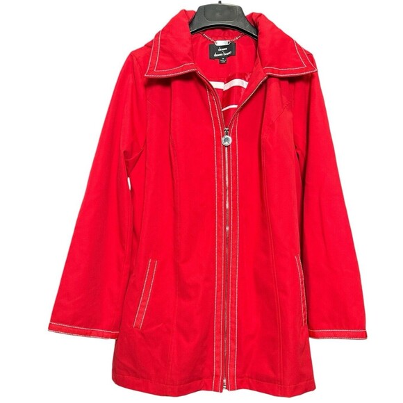 Red Dennis Basso Women's Zipper Front Lined Coat Removable Hood Jacket Size Med - Picture 2 of 11